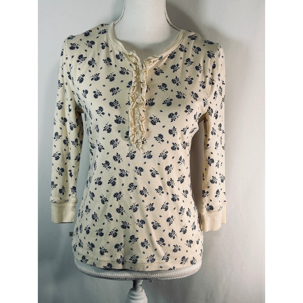 Chaps Denim Womens Cream Navy Blue Floral Ruffle Henley Top Cotton Size M